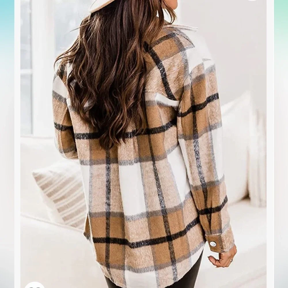 Womens Plaid Long Sleeve Lapel Button Short Pocketed Flannel Shackets Overshirt - Picture 4 of 14